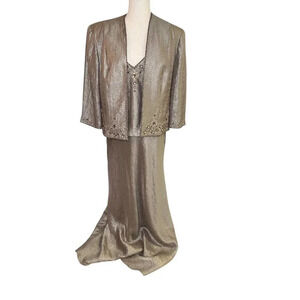 Davids Bridal Mother Of Bride 16 Mocha Gold Beaded Long Dress Jacket Shimmer